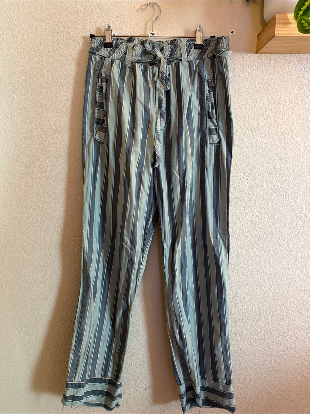 Free People Striped Drawstring Chino Pants in Blue and Cream